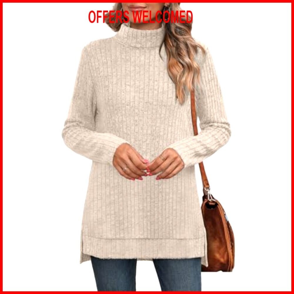 Oversized Turtleneck Tunic Top Long Sleeve Side Split High Low Hem Sweater - Picture 3 of 7